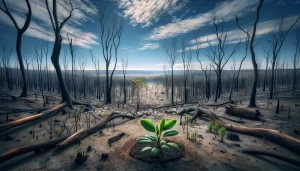 A panoramic landscape of a post-fire Australian environment, showing a wide view of burnt trees and a ground covered with ash under a bright blue sky