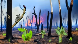 Vivid scene depicting the aftermath of an Australian bushfire, showing a charred eucalyptus forest with new sprouts emerging from the ground, symbol