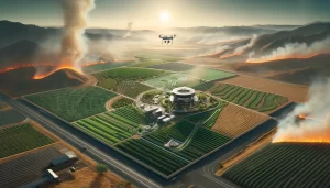 Here's the image depicting a modern farm adapting to wildfire risks. It features fire-resistant crops, a wide firebreak, and advanced technology like drones monitoring the fields, set against a rural landscape with a controlled burn in the distance.