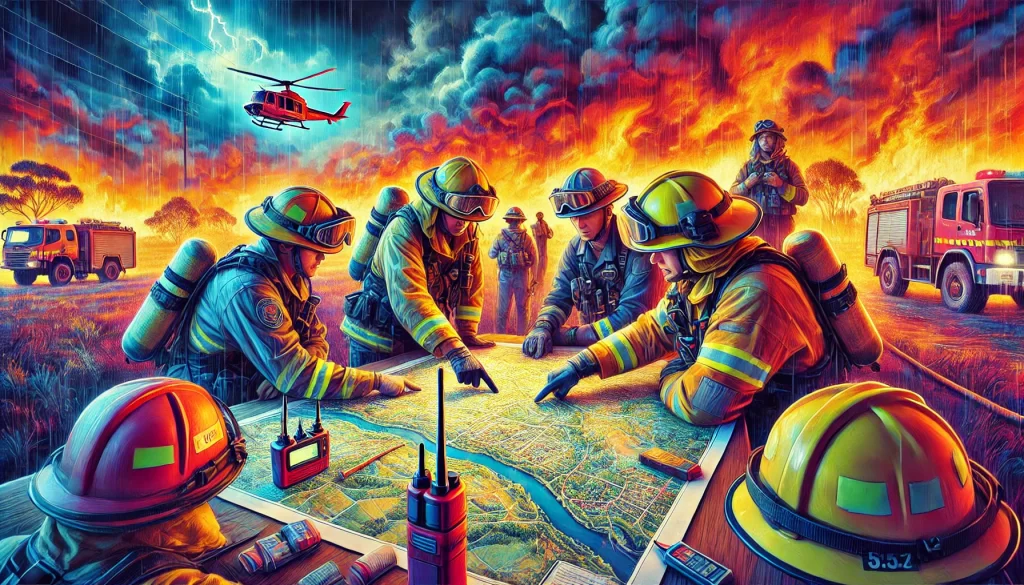 MBO - A vibrant and colorful depiction of a group of firefighters strategizing around a detailed map during a bushfire operation. The scene shows teamwork a