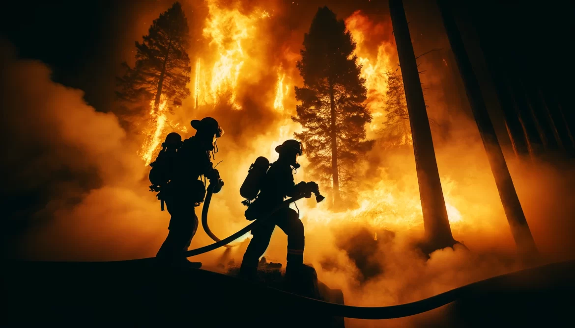 A dramatic scene showing two firefighters battling a large forest fire. The image is backlit with intense orange and yellow flames covering the backgr