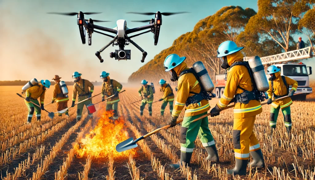 farm - Farmers conducting a fire safety drill in a rural field, wearing bright and detailed personal protective equipment (PPE) including helmets and gloves,