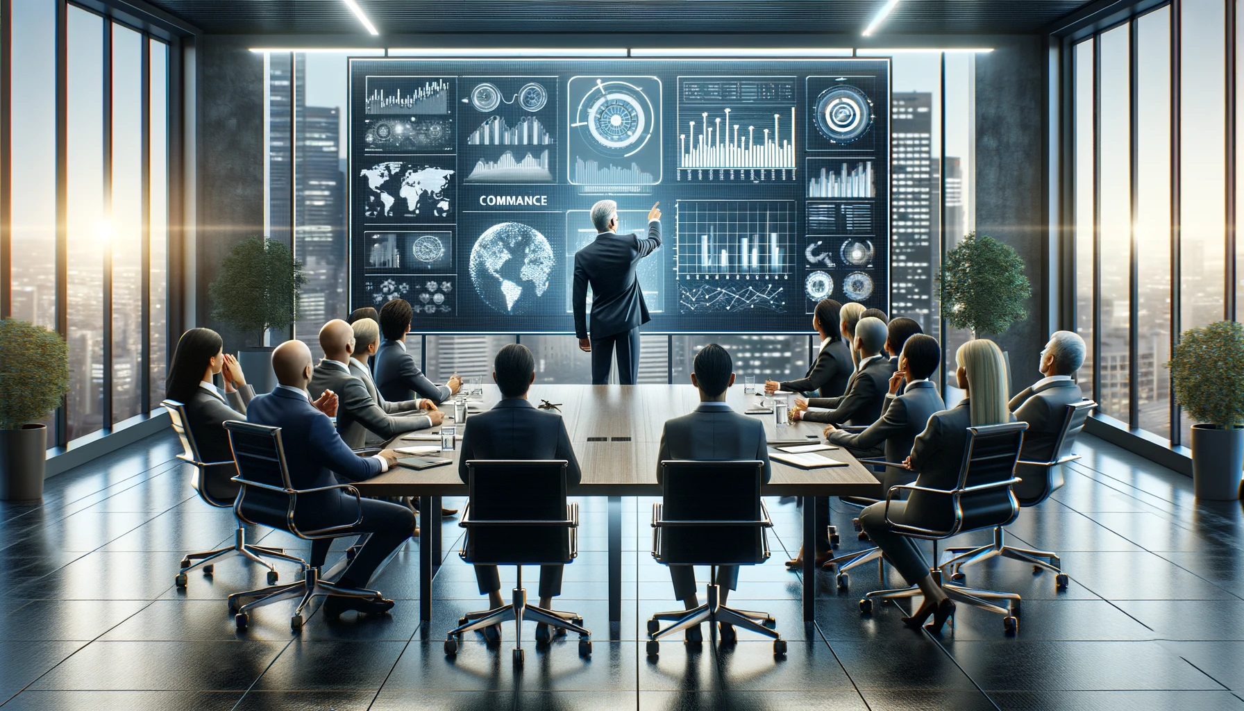 A modern corporate office setting that visually represents the concept of command and control in business. The scene includes a diverse group of busin