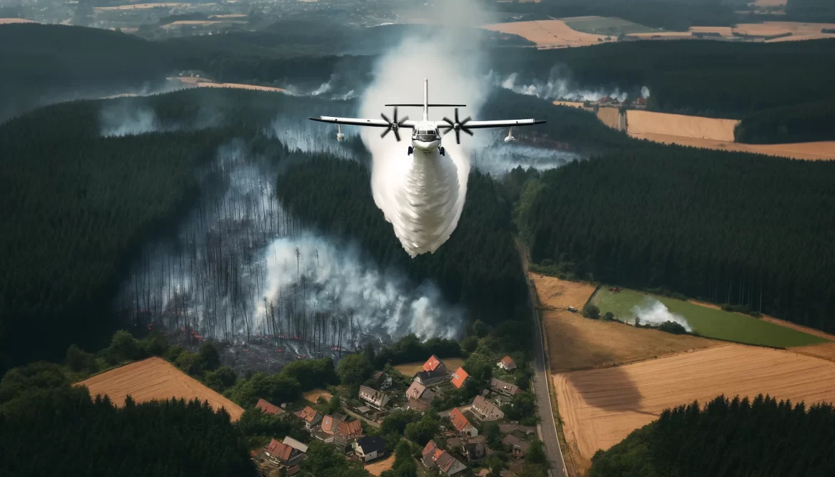An aerial view of a firefighting aircraft equipped with a high-pressure fogging system, deploying a fine mist over a bushfire in a rural area near a G