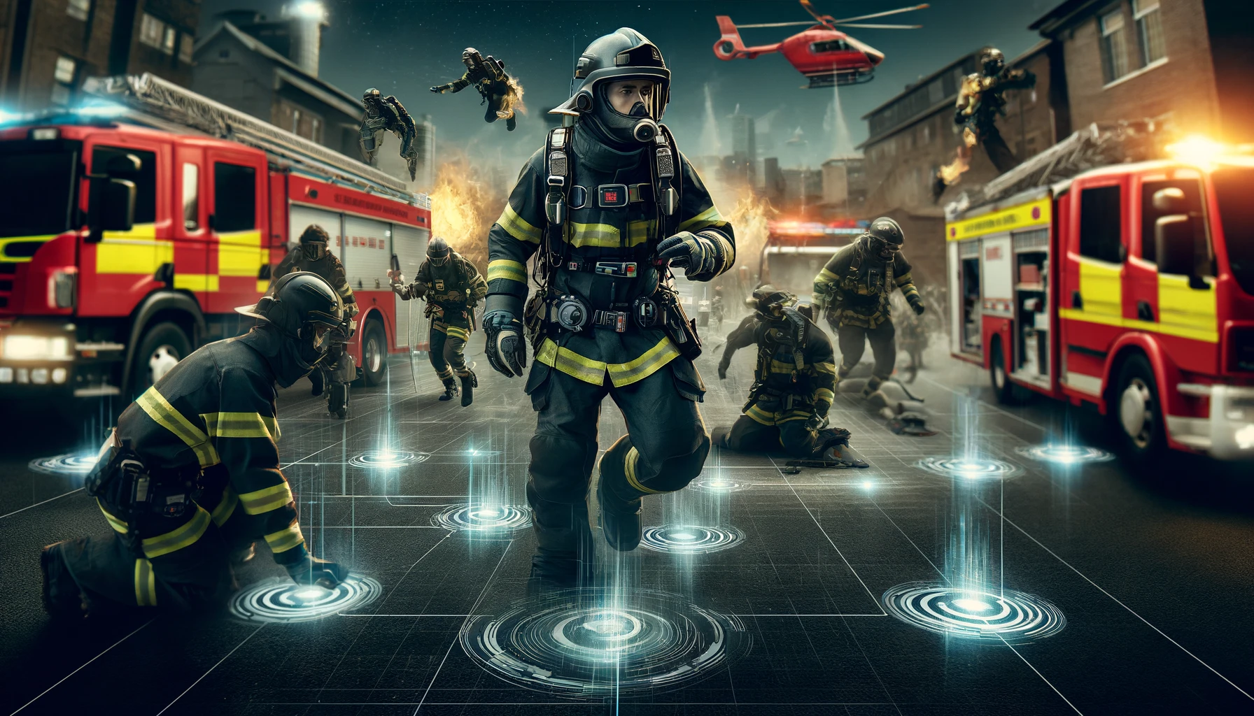 An emergency response team in action, showcasing the use of a high-tech single-tag system. The scene includes firefighters in modern gear, each equipp