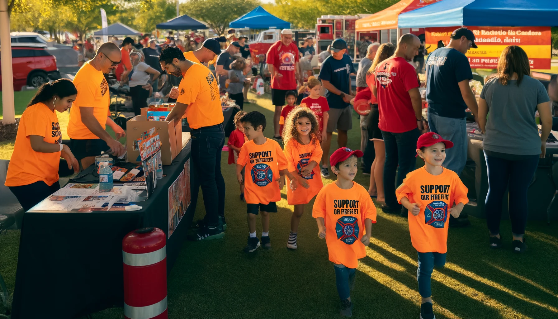 Vibrant community event aimed at supporting local firefighters, featuring people of diverse ages and ethnicities engaging in various activities. In