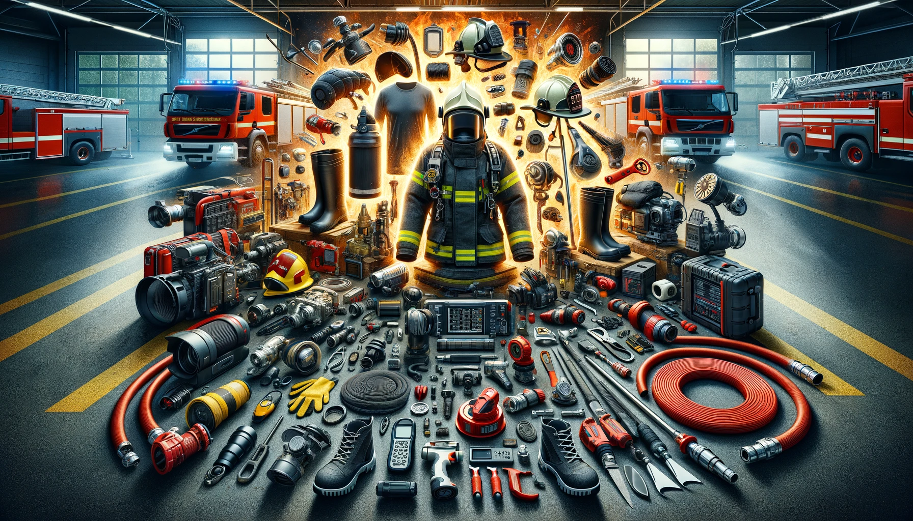 dynamic composition representing a variety of fire rescue equipment used by firefighters. The image features a collection of items like fire-resista