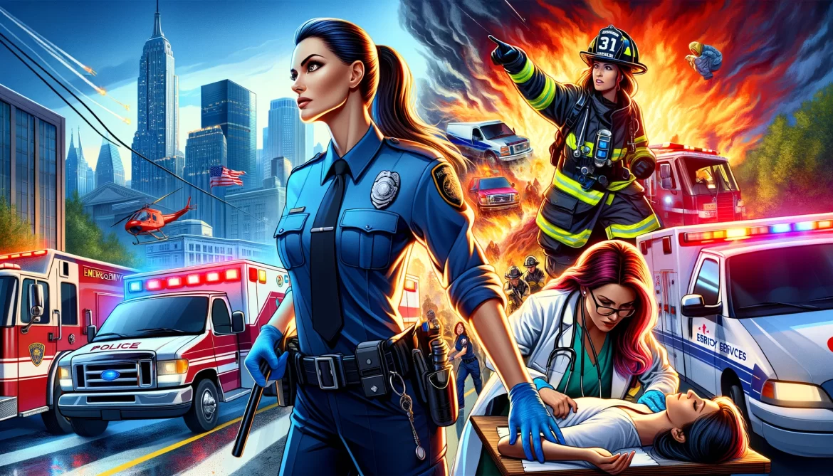 A dynamic and inspiring image showing women in emergency services. The scene includes a female police officer confidently directing traffic, a female - women jobs that pay good