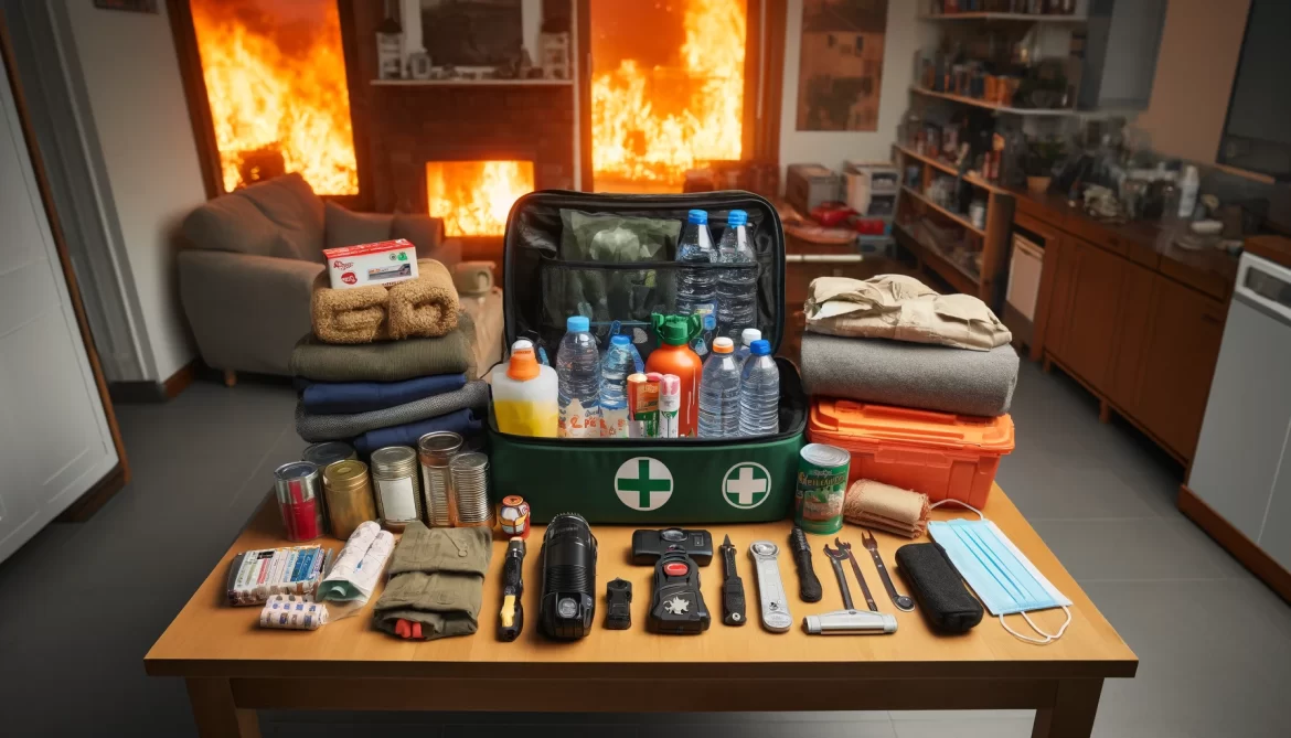 A well-organized bushfire emergency kit spread out on a table. The kit includes water bottles, canned food, a first aid kit, protective clothing, a fl