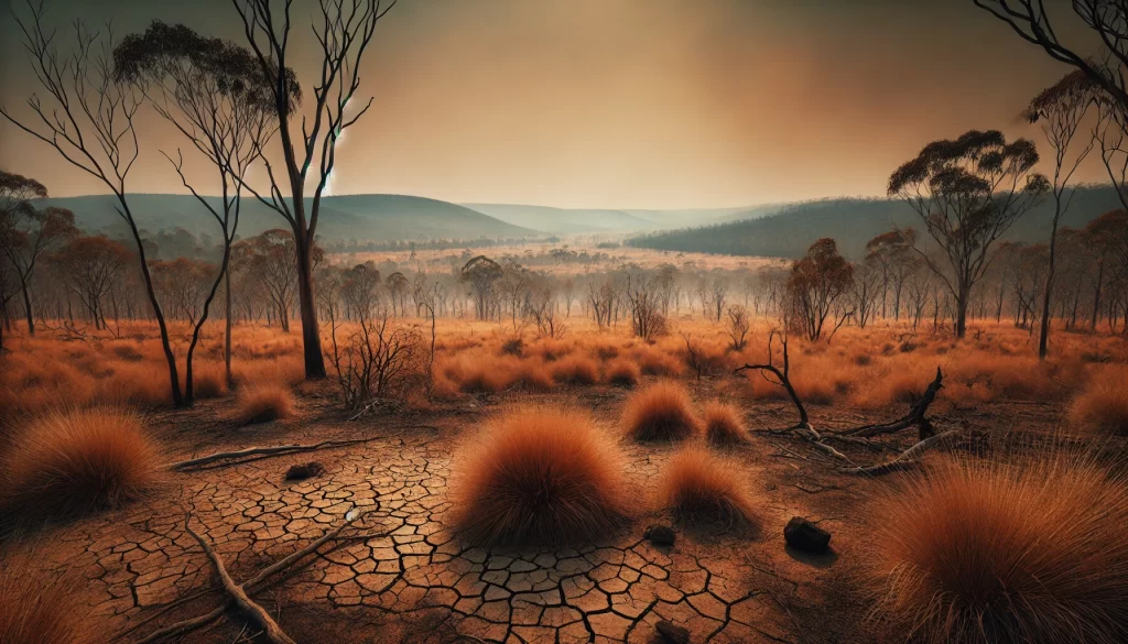 A dramatic 16_9 image of a dry Australian bushland landscape under a hot, clear sky, with visible signs of drought and heat stress on vegetation. The