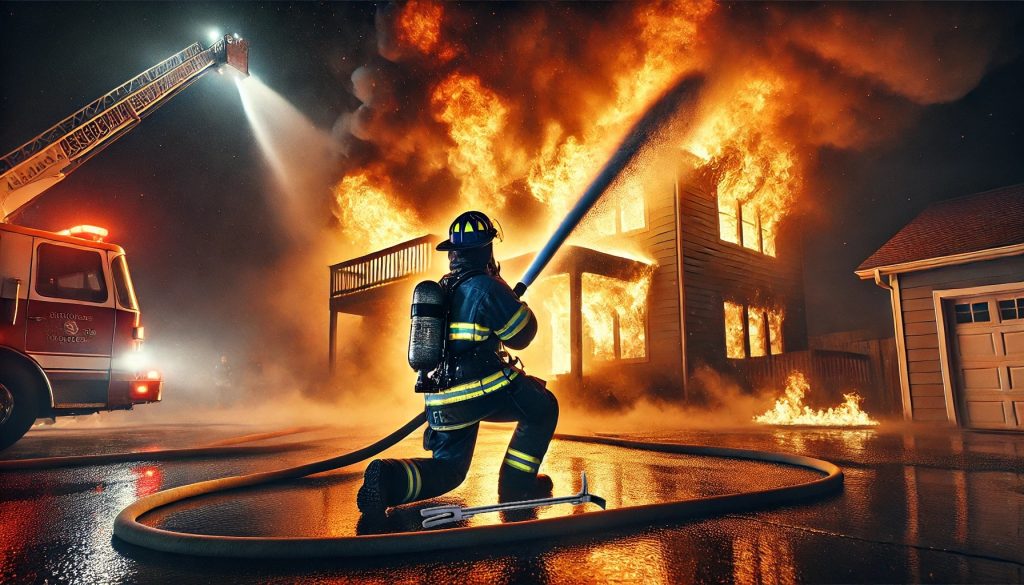 A dynamic scene of a firefighter in full protective gear fighting a fierce house fire at night. The firefighter is holding a hose, directing a strong