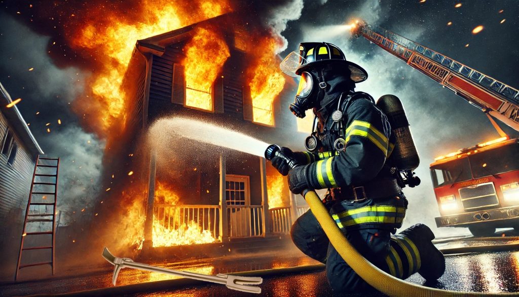 A firefighter battling a house fire, shown in a vibrant, intense scene. The firefighter is wearing full firefighting gear, including a helmet, mask, a