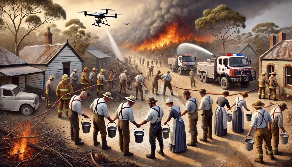 A historical scene of early firefighting efforts in Australia, showing firefighters and local community members forming a human chain to pass