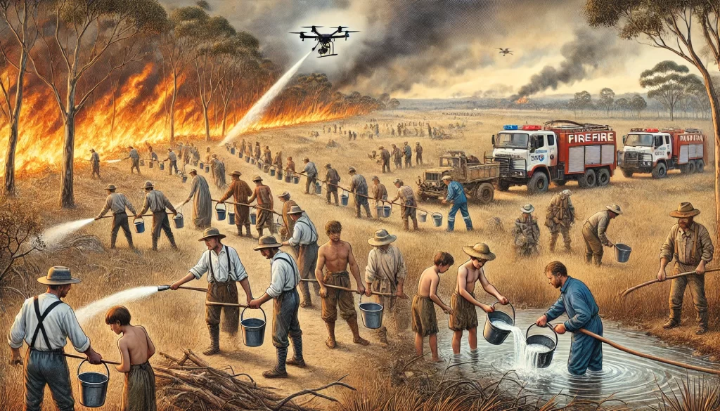 An illustration of early firefighting efforts in a rural Australian setting during the 19th century, with a human chain passing buckets of wa