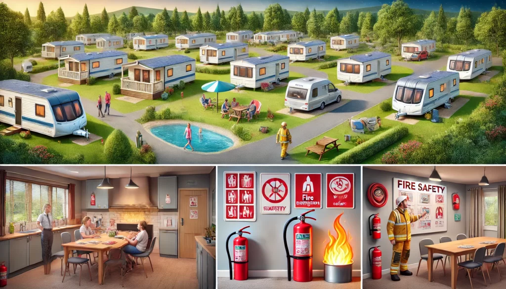 DALL·E 2024-11-24 15.24.54 - 1. A professionally designed graphic showing a caravan park with clear fire safety measures in place, including visible fire extinguishers, well-marke