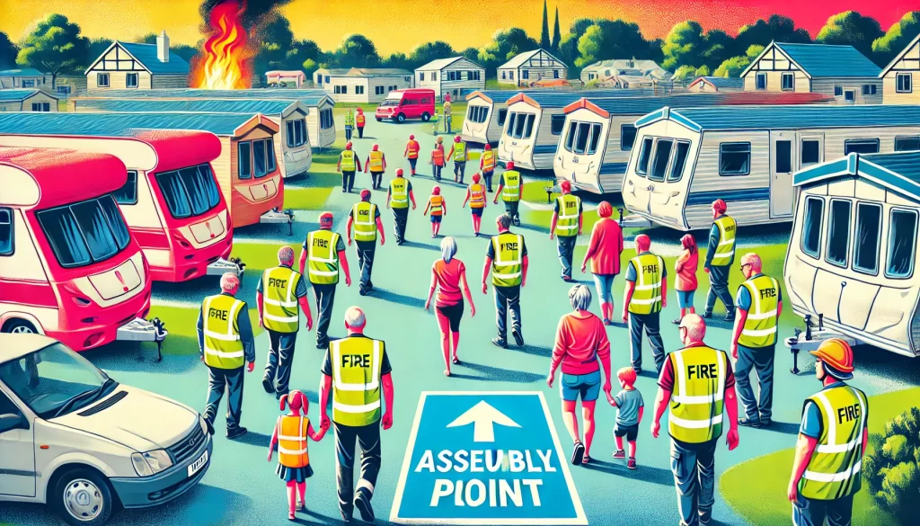 DALL·E 2024-11-24 15.25.01 - A vibrant illustration of a community fire drill in a caravan park setting. The scene includes families and individuals participating in the drill, be