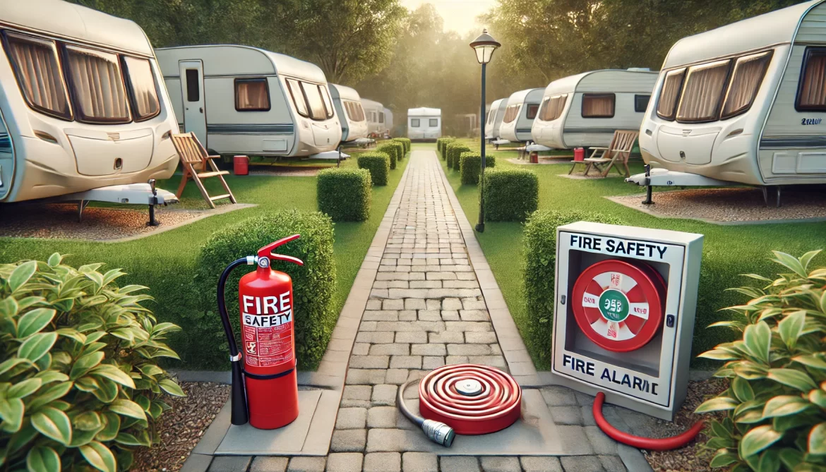 DALL·E 2024-11-24 15.25.06 - A detailed visual of fire safety equipment in a caravan park setting, including a prominently placed fire extinguisher, a hose reel, and a fire alarm