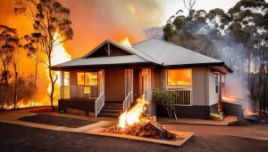 bushfire burning a house. sad