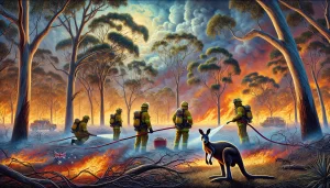 DALL·E 2025-01-08 10.54.59 - A vivid depiction of Australian firefighters battling intense bushfires in a rural landscape. The image showcases a team of firefighters in protective