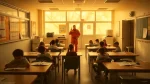 A bright, modern, and realistic scene inside an Australian school classroom converted into a bushfire smoke shelter.