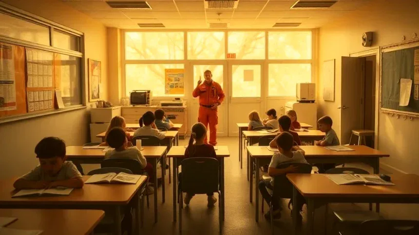 A bright, modern, and realistic scene inside an Australian school classroom converted into a bushfire smoke shelter.