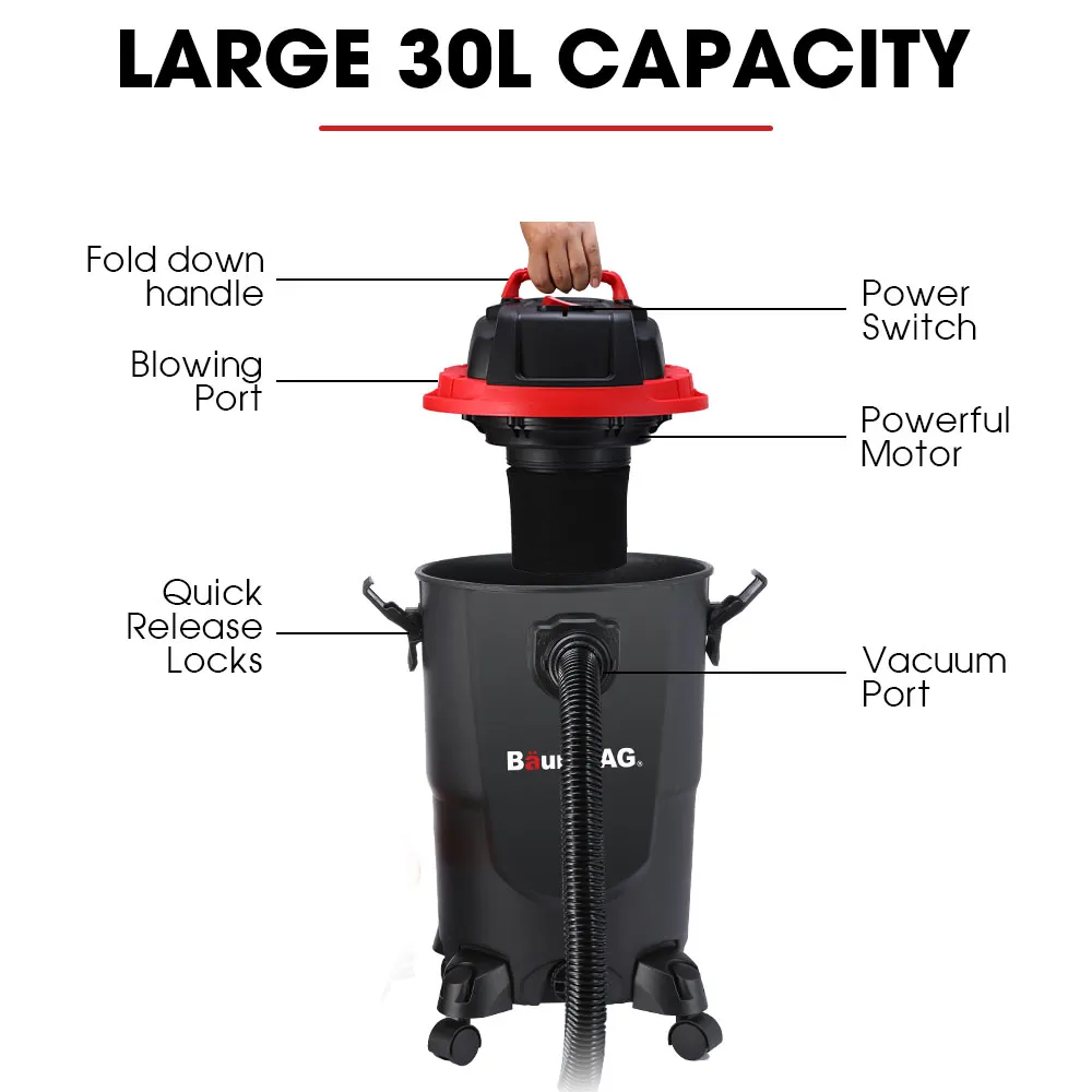 BAUMR-AG wet and dry vacuum cleaning car mats and workshop floors with 30L drum