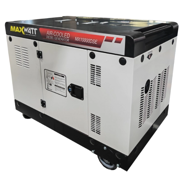 MaxWatt 10kVA Diesel Generator hero image showing electric start and weather-shielded outlets