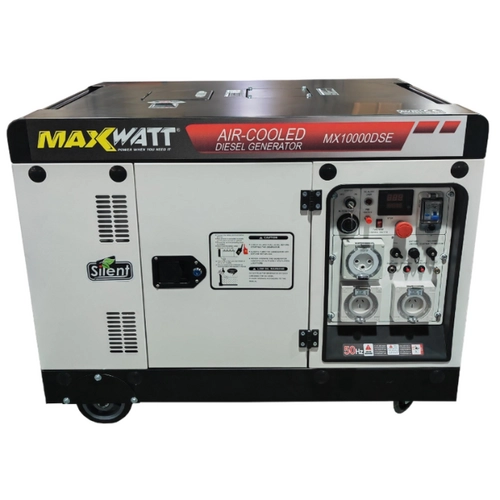 Side view of MaxWatt 10kVA Diesel Generator showing frame, tank and muffler